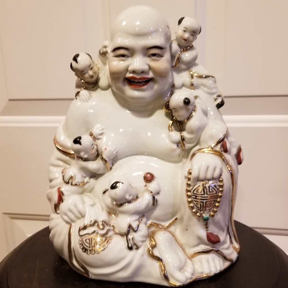 10" Vintage Japanese Kutami Porcelain Hotei Buddha & Children